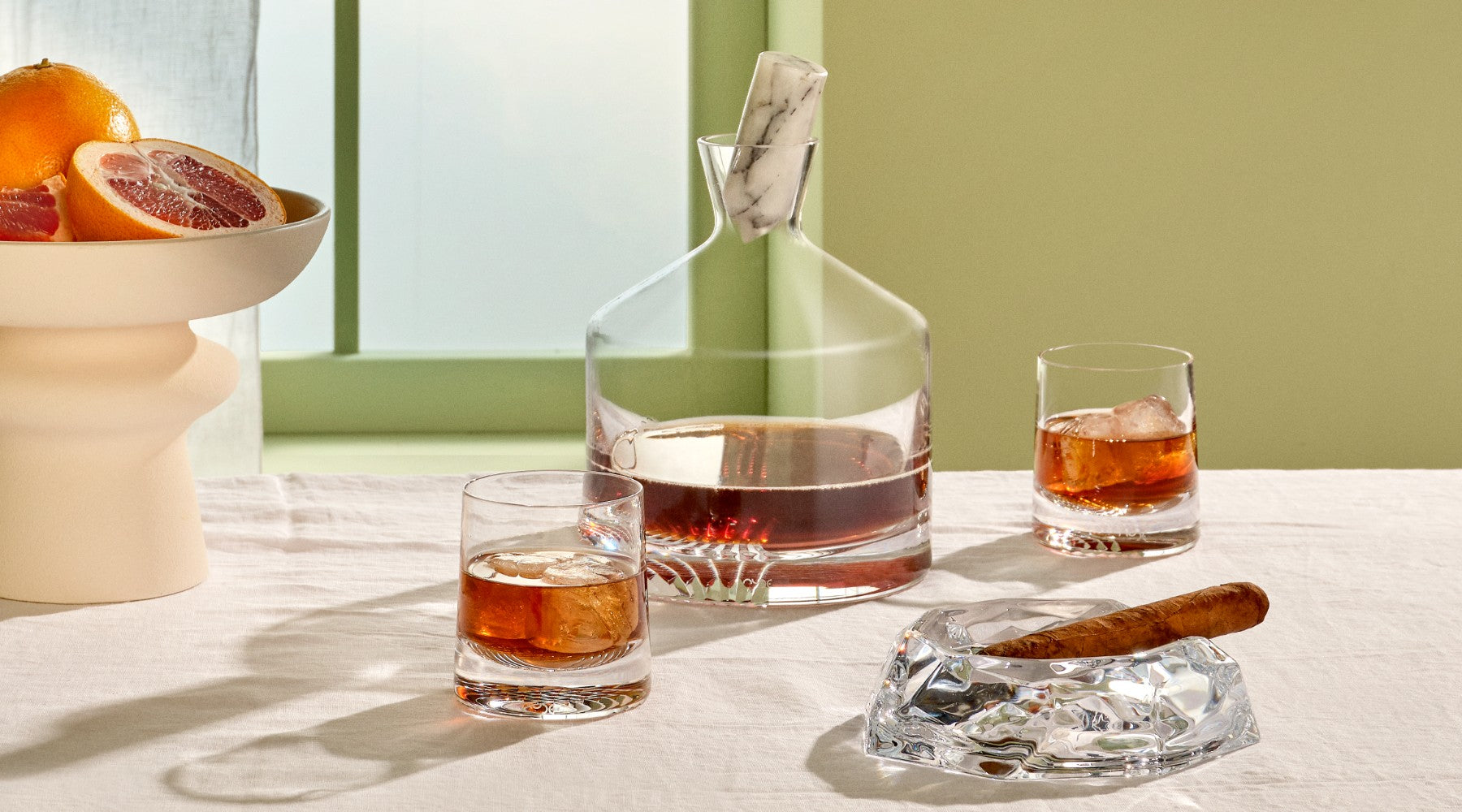 NUDE Alba whisky carafe and DOF glasses with the Fumo ashtray presented with cigar